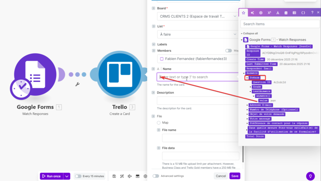 Mapping des variables dynamiques (nom, email) depuis Google Forms vers les champs Trello sur Make.