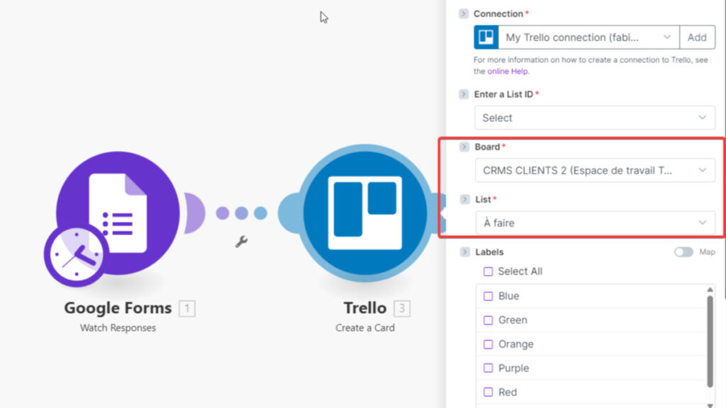 Capture d'écran de l'automatisation Google Forms Trello Make dans l'interface de Make.com