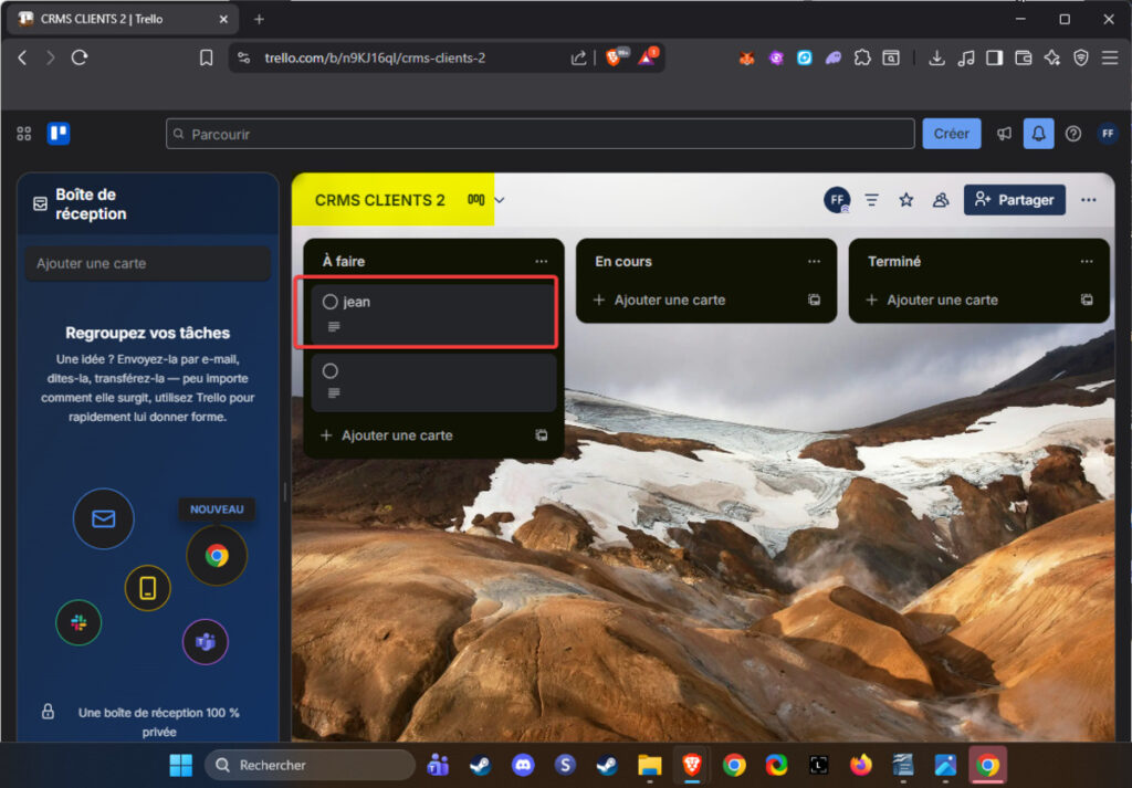 Carte Trello créée automatiquement avec les informations du prospect issues de Google Forms.