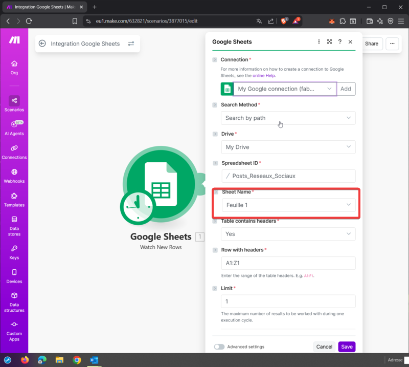 Module GoogleSheets automatisation post Facebook.