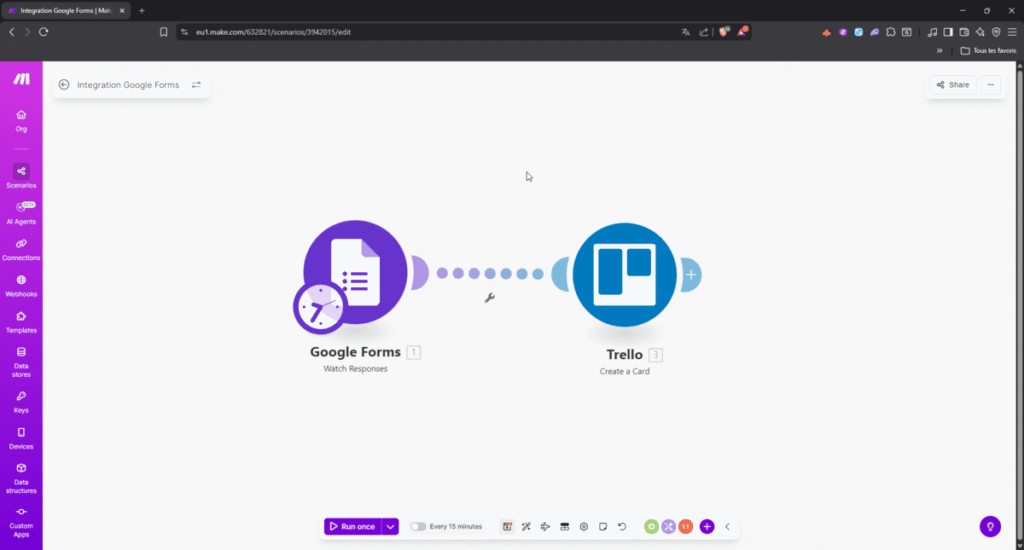 Capture d'écran de l'automatisation Google Forms Trello Make dans l'interface de Make.com