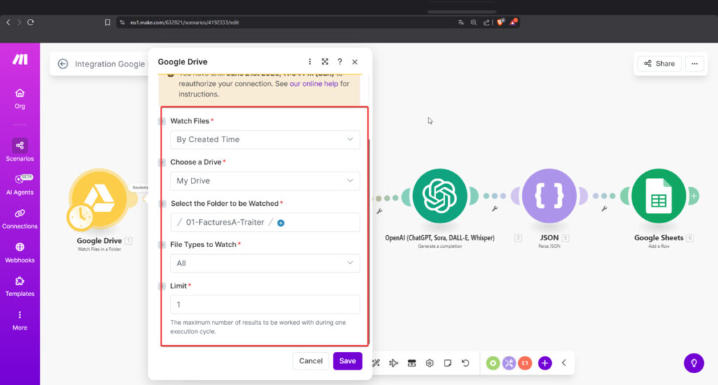 Configuration du module Get a File pour télécharger le contenu de la facture