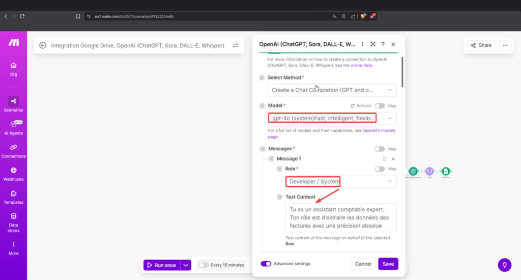 Configuration du module OpenAI avec le réglage Response Format en JSON Object