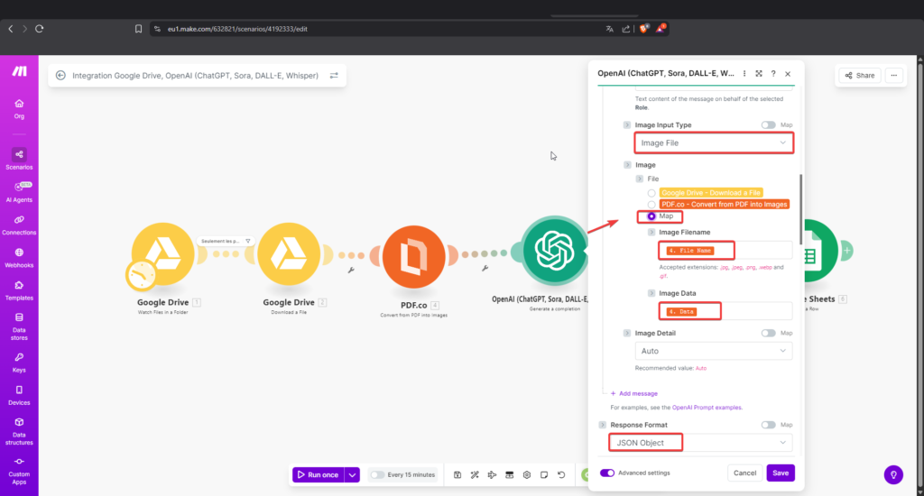 Configuration du module OpenAI avec le réglage Response Format en JSON Object