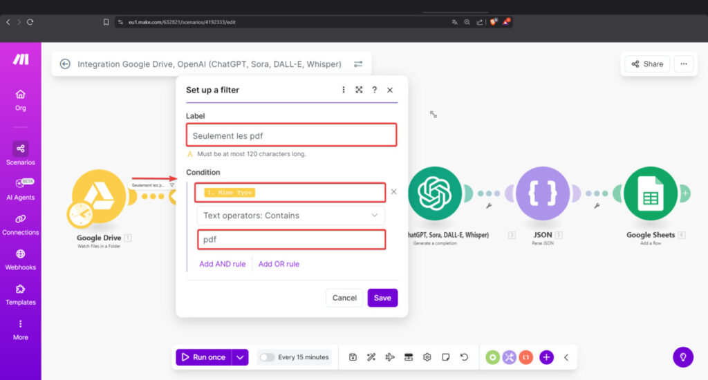 Mise en place du filtre de sécurité sur Make pour traiter uniquement les documents PDF