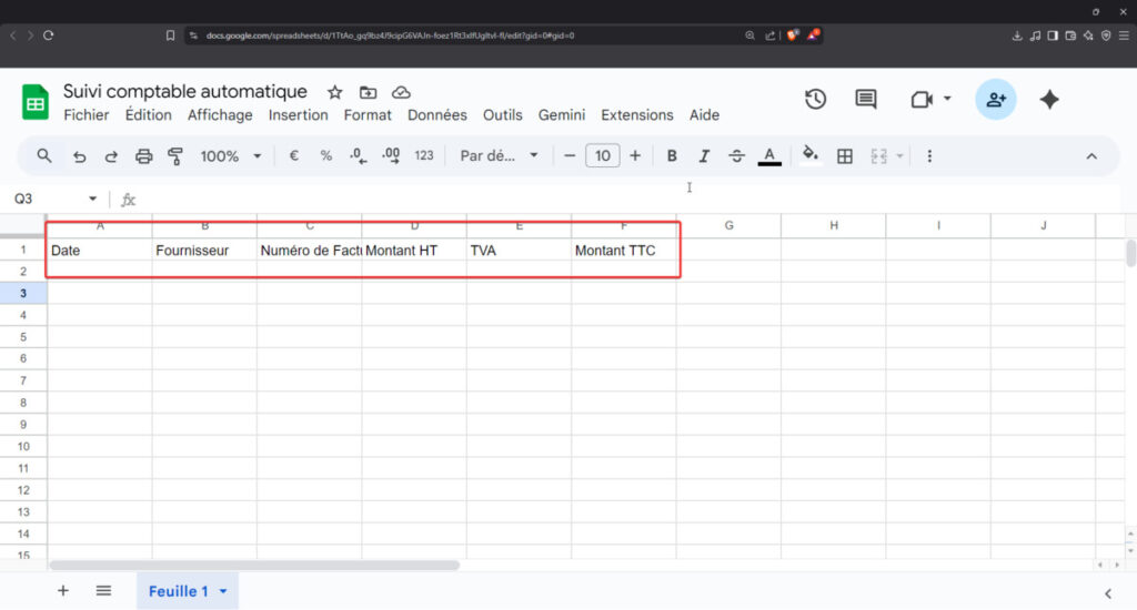 Préparation du fichier Google Sheets avec les colonnes date fournisseur et montants