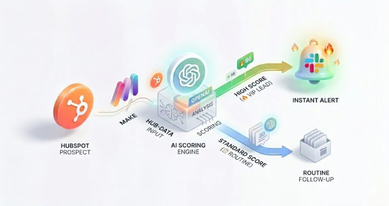 Visualisation du flux automatisé : la donnée prospect part de HubSpot, est arbitrée par Make, analysée par l'intelligence artificielle d'OpenAI, puis notifiée instantanément sur Slack.