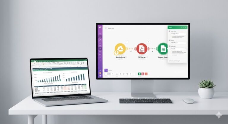 Schéma du scénario Make pour l'automatisation comptable avec Google Drive et Sheets.